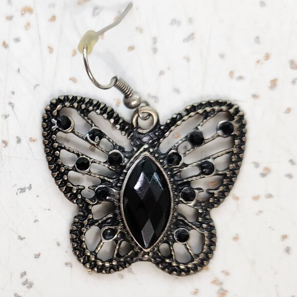 BFD - Black & Pewter Coloured Butterfly Drop Earrings - Picture 3 of 3